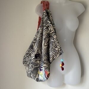 Johnny Was Fleece Faux Shearling Lined Travel Embroidered Bag Zebra Preppy Pool